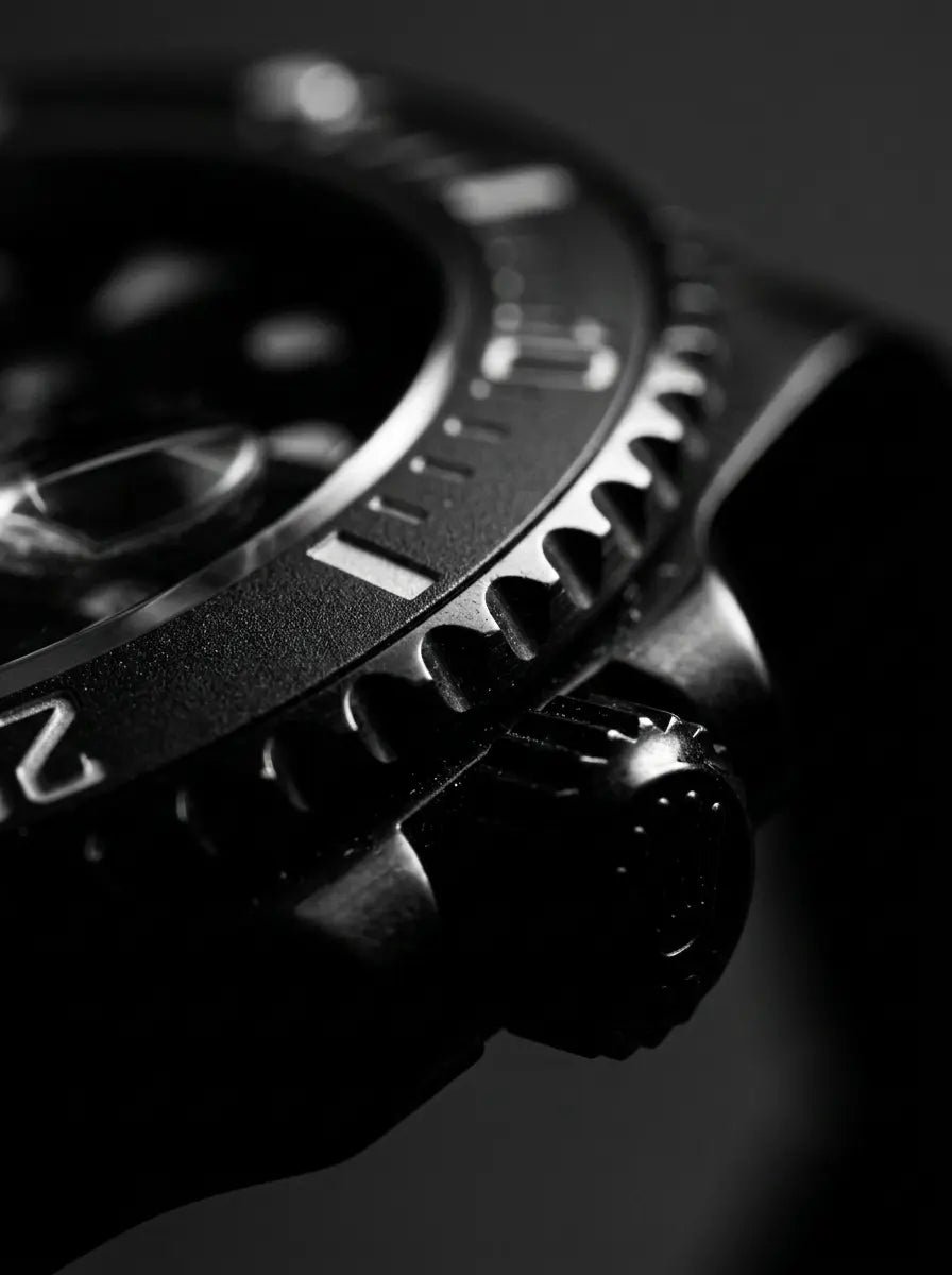 Close-up of a black wristwatch with detailed design on a dark background