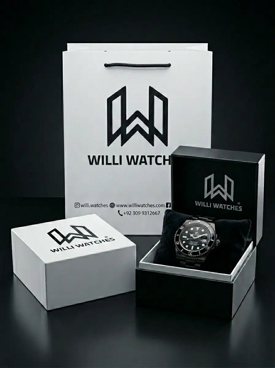 Willi Watch packaging including a watch, box, and branded paper bag on a dark background.