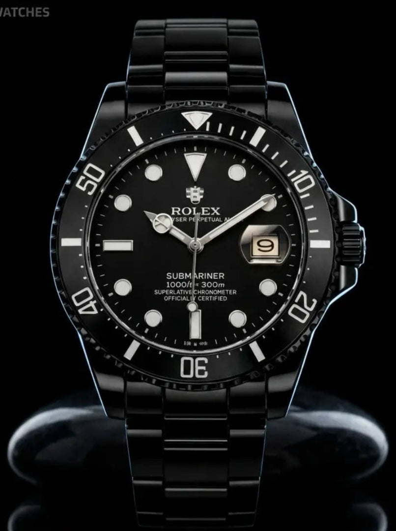 Black Rolex watch with a reflective surface on a black background