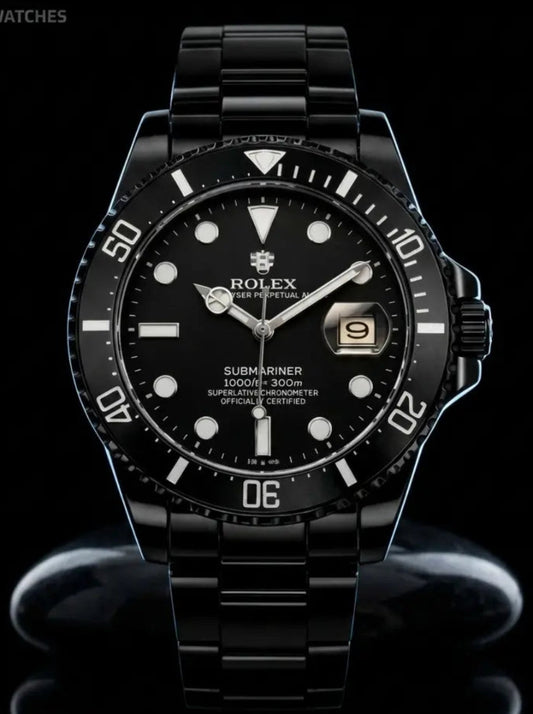 Black Rolex watch with a reflective surface on a black background