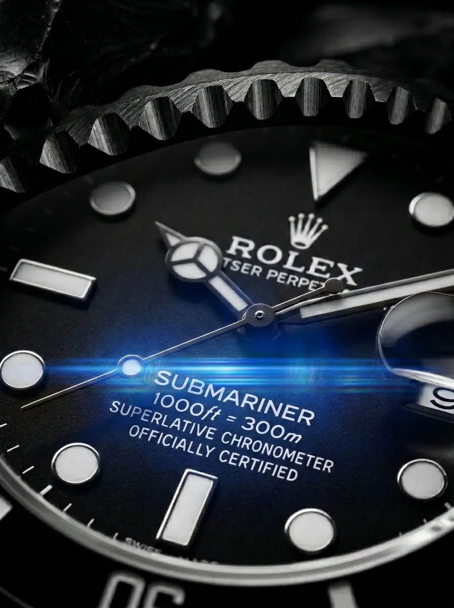 Close-up of a Rolex Submariner watch face with blue glowing effect