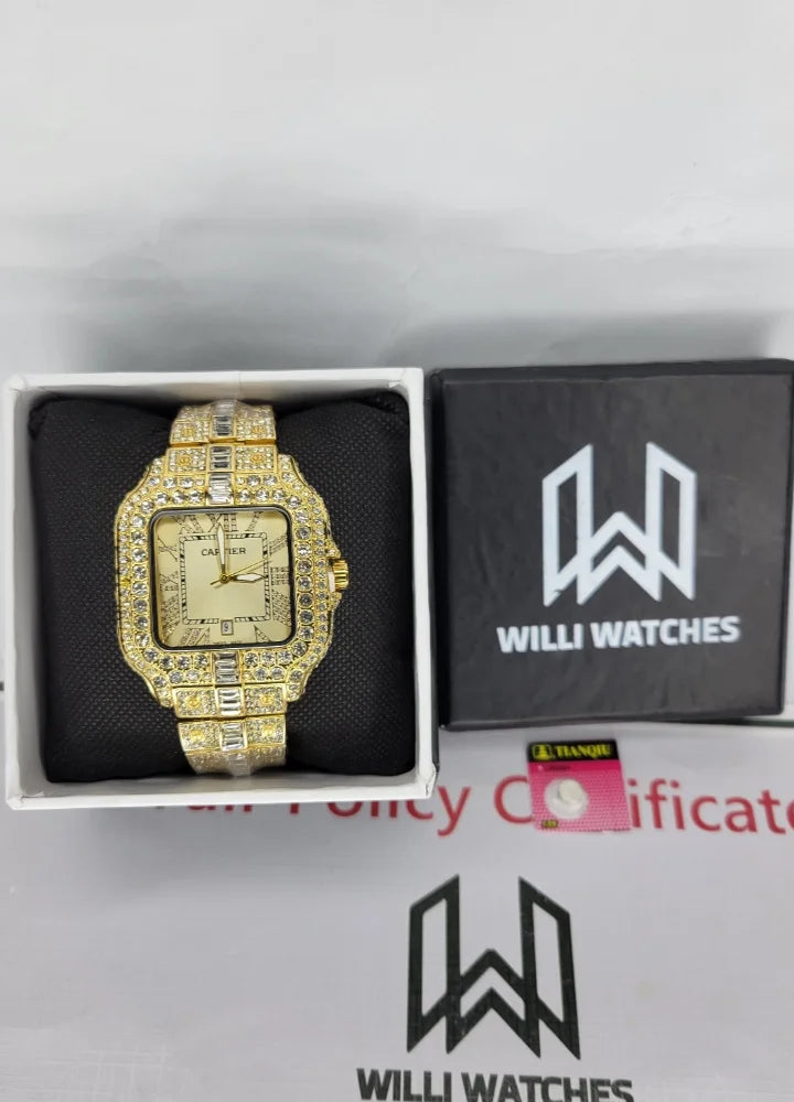 Men’s Gold Skeleton Watch – Diamond-Cut, Date Feature C-001