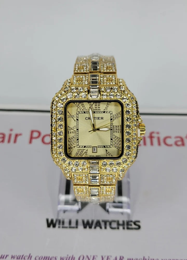 Men’s Gold Skeleton Watch – Diamond-Cut, Date Feature C-001