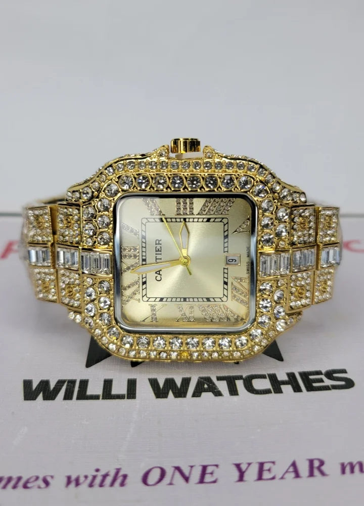 Men’s Gold Skeleton Watch – Diamond-Cut, Date Feature C-001
