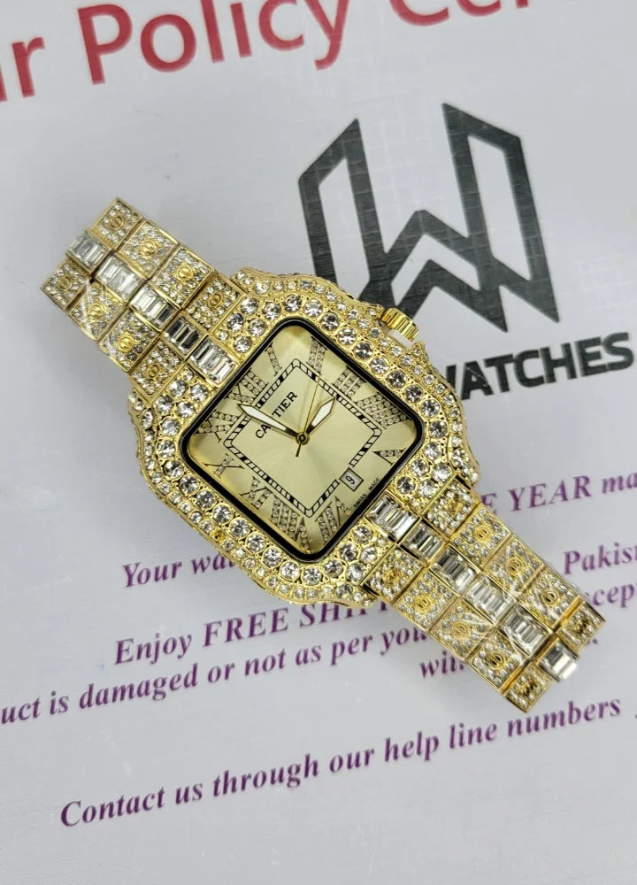 Men’s Gold Skeleton Watch – Diamond-Cut, Date Feature C-001