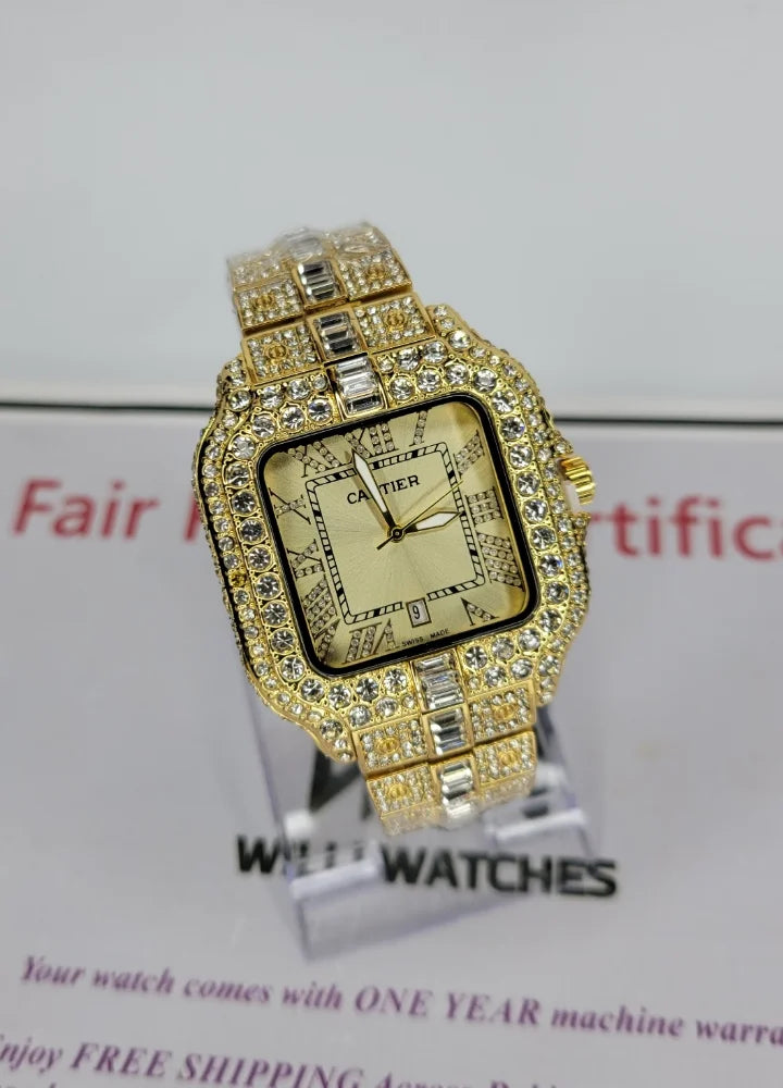 Men’s Gold Skeleton Watch – Diamond-Cut, Date Feature C-001