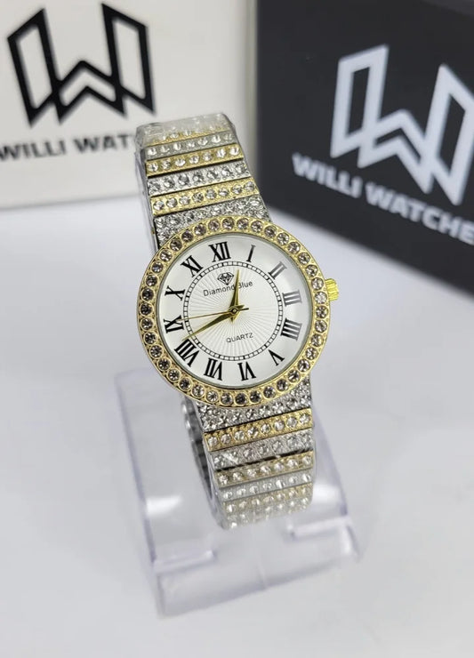 Diamond Blue Gold & Silver Women’s Watch – Crystal Bezel Elegance FM-018