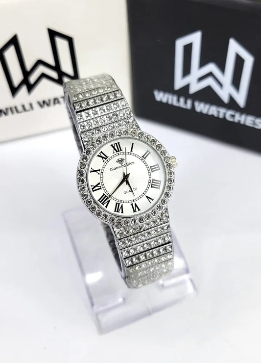 Diamond Blue Silver White Luxury Ladies Watch – Full Stone Edition FM-020