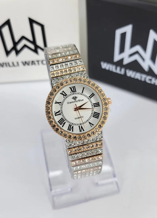 Diamond Blue Premium Rose Gold Watch – Crystal Bezel & White Dial FM-022