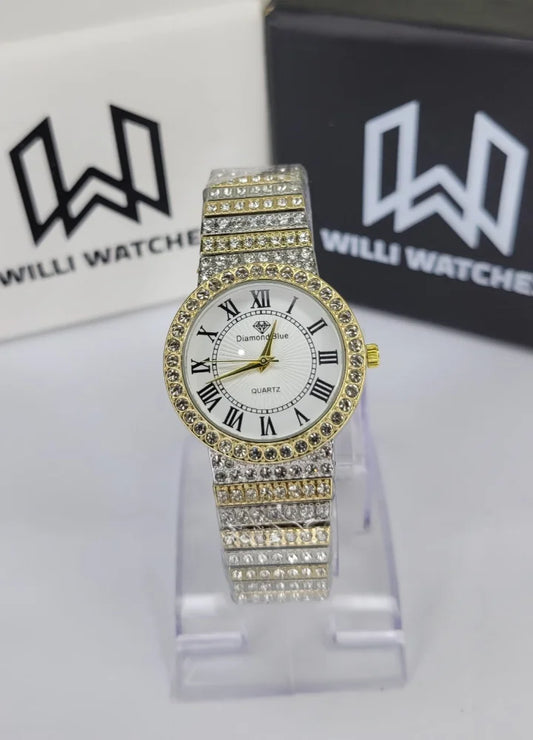 Diamond Blue Gold & Silver Women’s Watch – Crystal Bezel Elegance FM-018