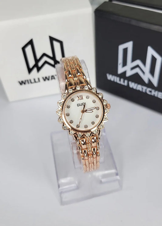 Rose Gold Elegance – GUQI White Dial Luxury Ladies Watch FM-028