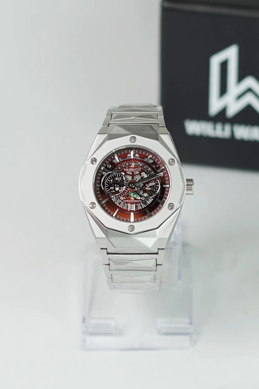 HB Silver Prism Hologram Deep Red Dial Watch with Date HB-015