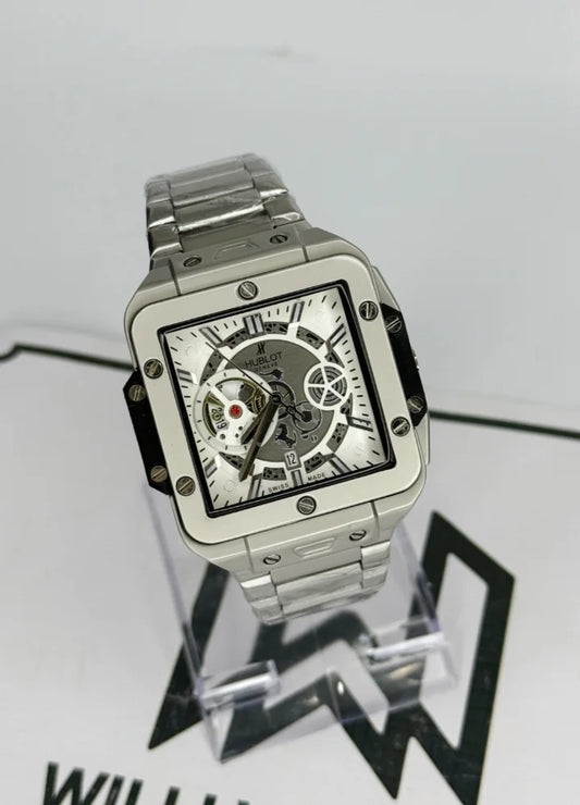 Hublot Square Silver Watch – White Skeleton Dial with Date HB-009