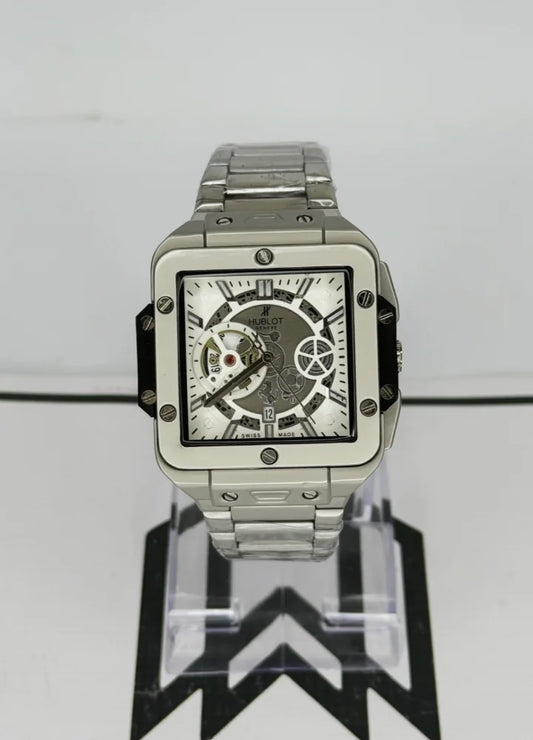 Hublot Square Silver Watch – White Skeleton Dial with Date HB-009