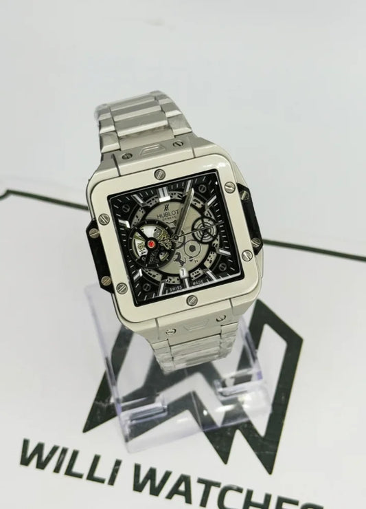 Hublot Square Silver Watch – Black Skeleton Dial with Date HB-010