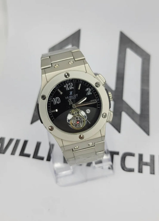 Hubl*t Black Dial Watch – Silver Body, Date Display HB-006