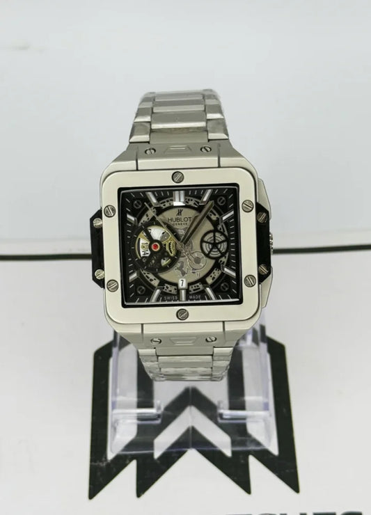 Hublot Square Silver Watch – Black Skeleton Dial with Date HB-010