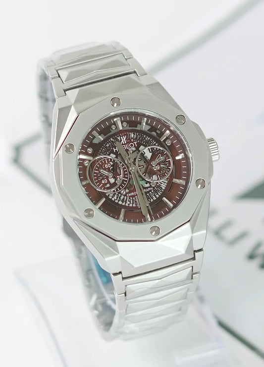 HB Silver Prism Hologram Deep Red Dial Watch with Date HB-015