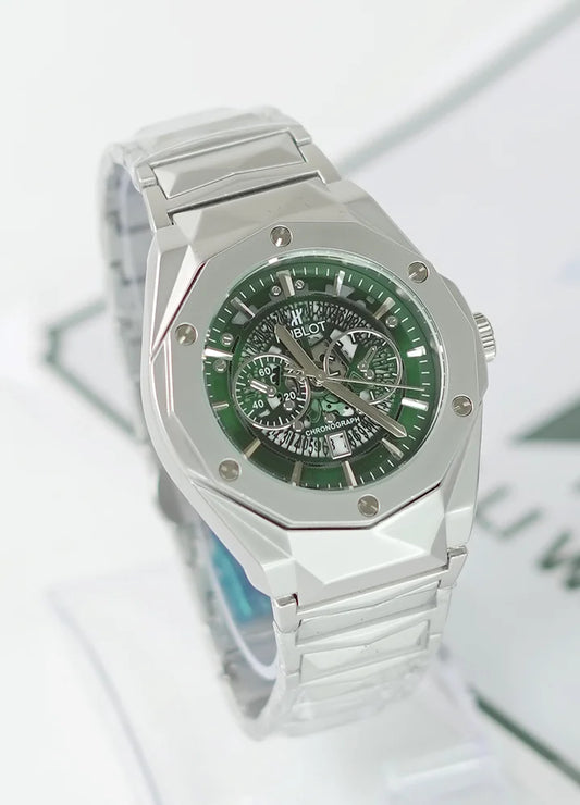 HB Silver Prism Hologram Green Dial Watch with Date HB-012