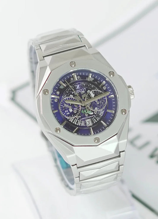 HB Silver Prism Hologram Shining Blue Dial Watch with Date HB-013