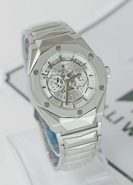 HB Silver Prism Hologram White Dial Watch with Date HB-014