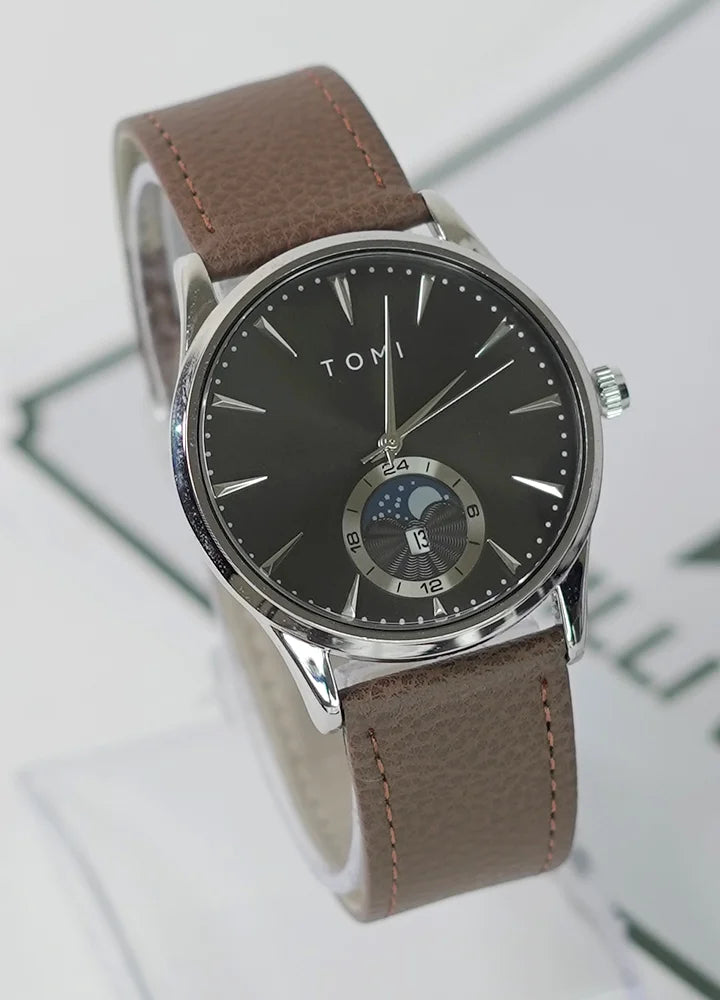 TOMI Executive Magnet Lock Men’s Watch – Brown Strap, Silver Case & Black Dial TM-015
