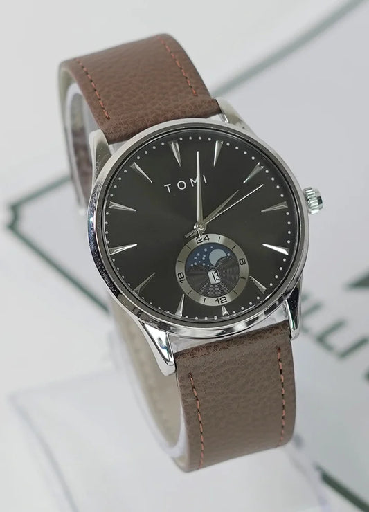 TOMI Executive Magnet Lock Men’s Watch – Brown Strap, Silver Case & Black Dial TM-015