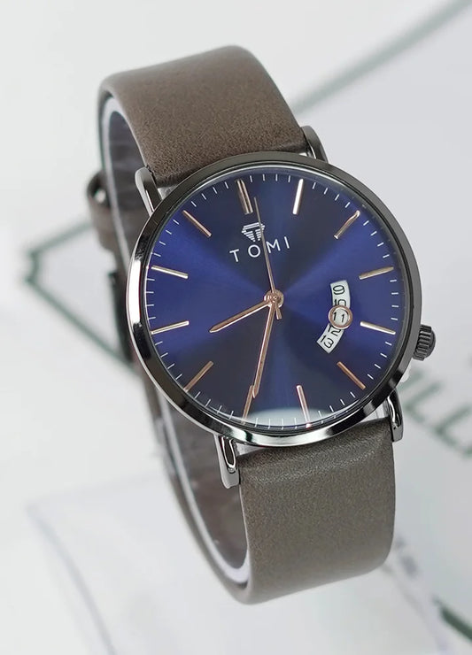 TOMI Brown Strap Men’s Business Watch – Blue Dial with Date TM-011