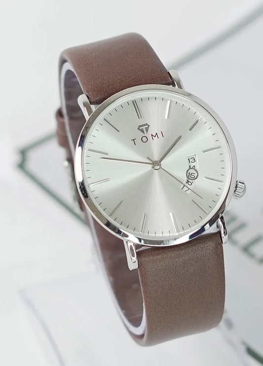 TOMI Classic Business Watch – Silver Dial, Brown Leather Strap TM-007