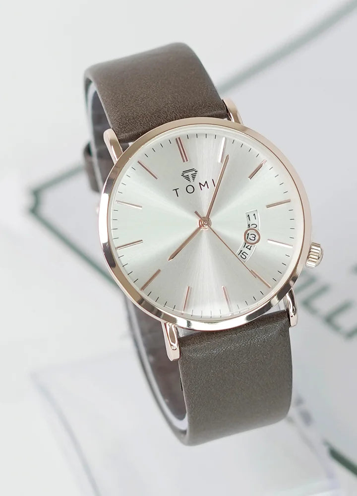 TOMI Brown Strap Men’s Business Watch – Gold & White Dial with Date TM-010