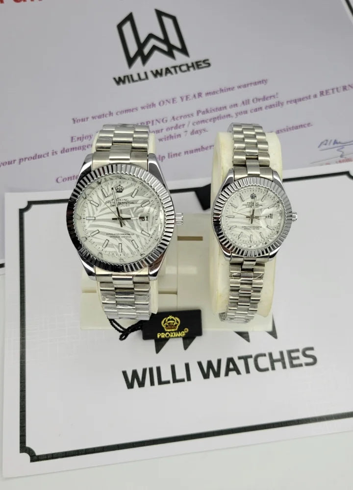 Proking Silver Couple's Watch Set with Date & Crown Lock