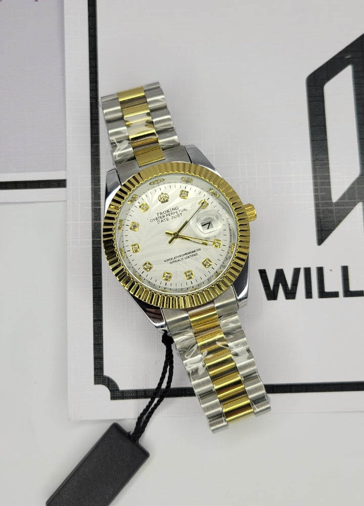 Proking Silver & Gold Men's Watch with Date Function & Secure Crown Lock