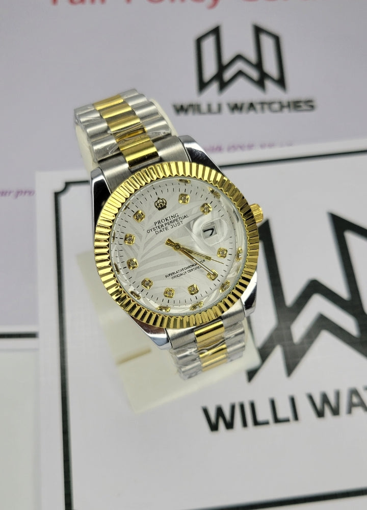 Proking Silver & Gold Men's Watch with Date Function & Secure Crown Lock