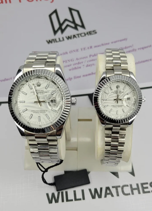Proking Silver Couple's Watch Set with Date & Crown Lock