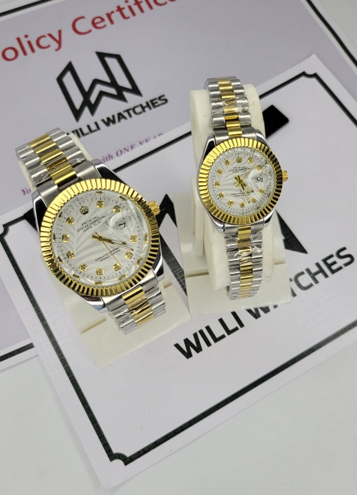 Proking Two Tone Couple's Watch Set with Date & Lock