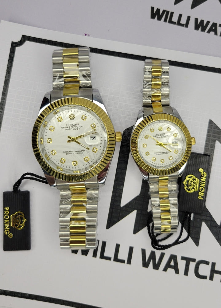 Proking Two Tone Couple's Watch Set with Date & Lock