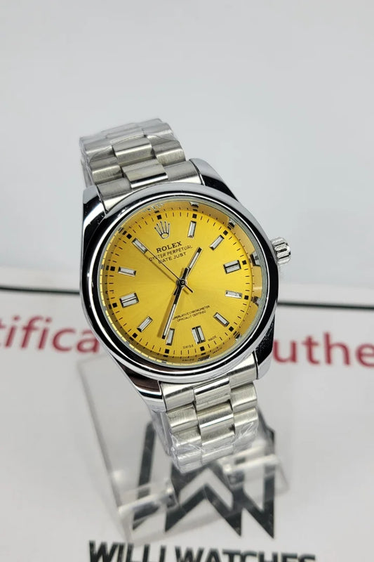 RLX Swiss-Made Perpetual Luxury Watch – Silver Case with a Vibrant Yellow Dial R-015