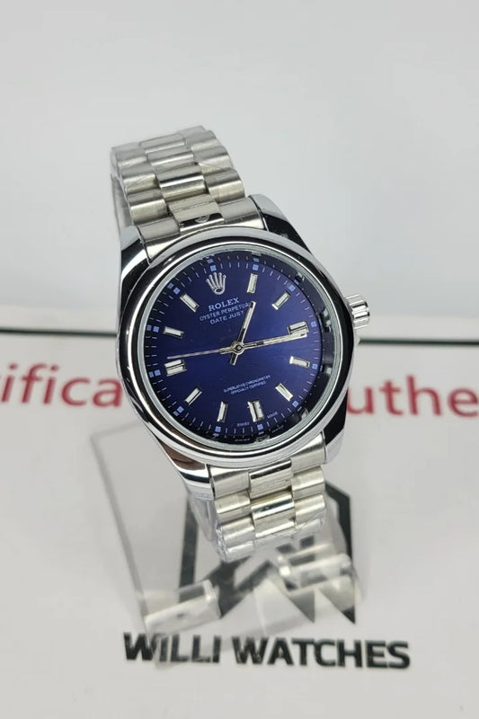 RLX Swiss-Made Perpetual Luxury Watch – Silver Case with a Sophisticated Navy Blue Dial R-014