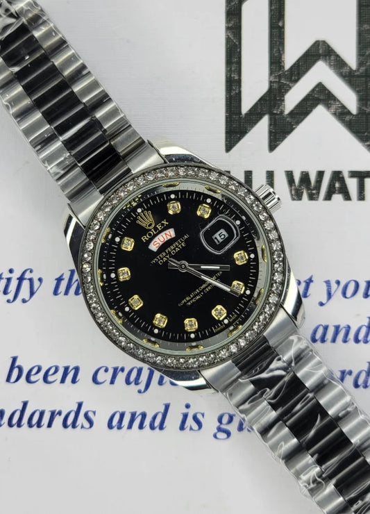RLX Two Tone Black Watch with Black Dial & Diamonds , Day & Date R-032