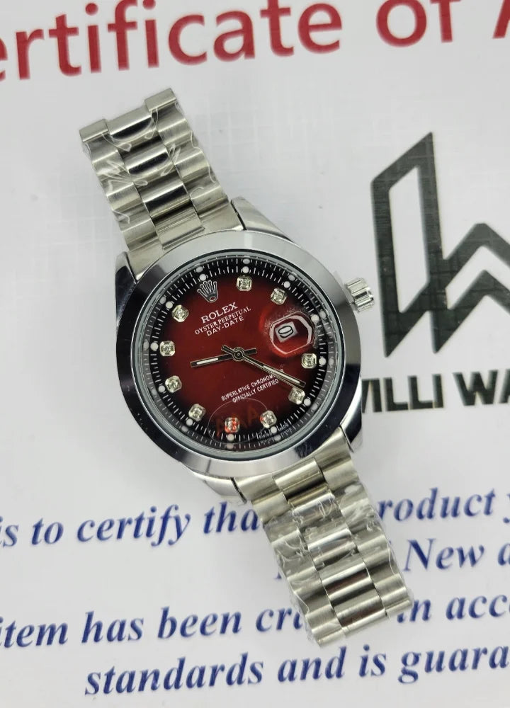 RLX Silver Men's Red Dial with Date R-002