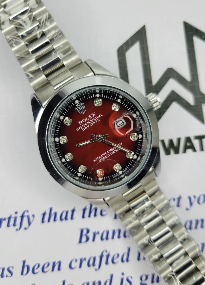 RLX Silver Men's Red Dial with Date R-002