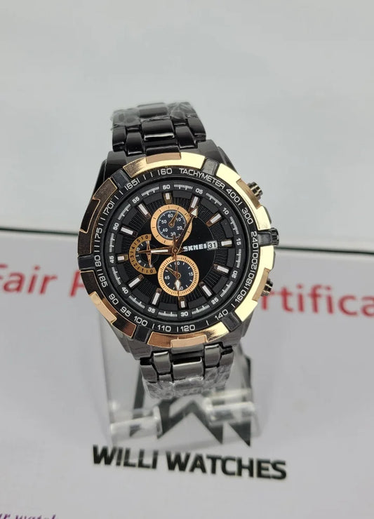 SKMEI Black Watch: Elegant Golden Black Dial S-006