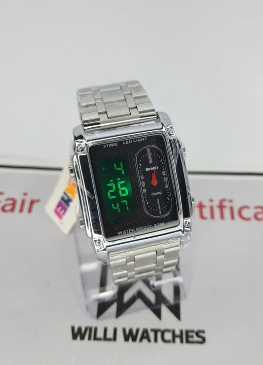 Original SKMEI Triple Time Silver Watch – Bold Style, Triple Function S-007