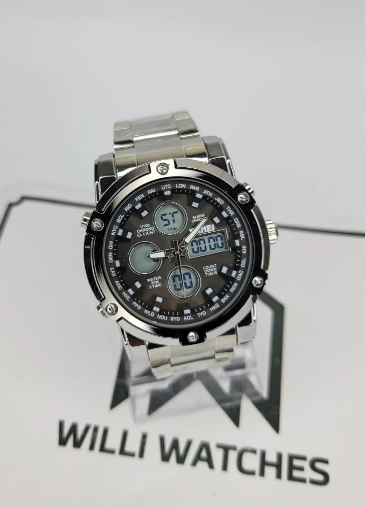 Skmei Silver With Black Dial Dual Display Watch S-011