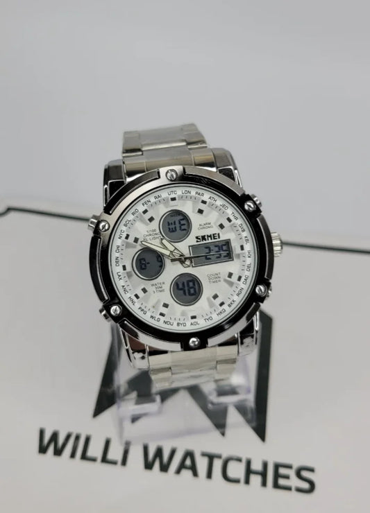 Skmei Silver With White Dial Dual Display Watch S-009