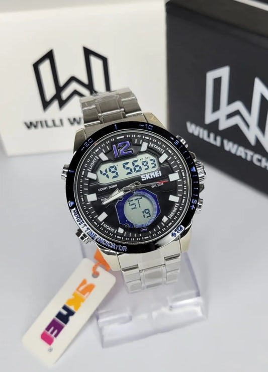 SKMEI Modern Silver Sports Watch with Dual Time and Digital Features S-014