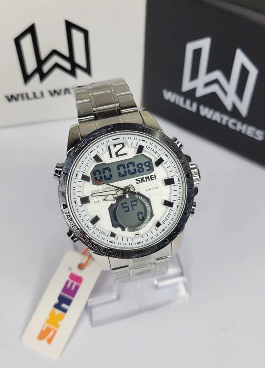 SKMEI Premium Silver Digital Analog Watch featuring Dual Time and Light S-013