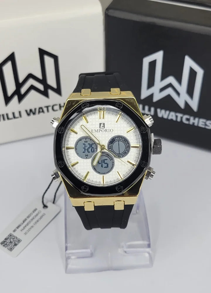 Emporio Dual Time Gold Case & White Dial Black Rubber Strap Watch SP-006