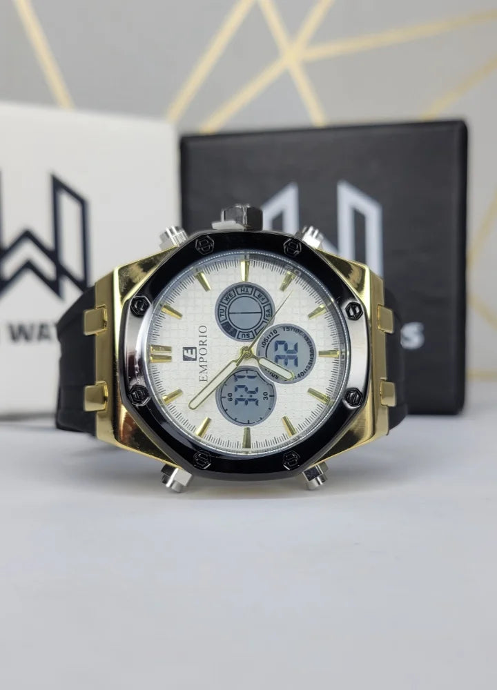 Emporio Dual Time Gold Case & White Dial Black Rubber Strap Watch SP-006