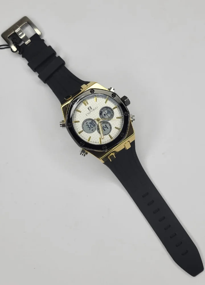 Emporio Dual Time Gold Case & White Dial Black Rubber Strap Watch SP-006